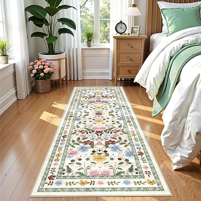 Deerly Floral Runner Rug 2x6 for Hallway Vintage Boho Washable Bathroom Kitchen Bedroom Runner Rugs Non-Slip Soft Low Pile Thin Indoor Carpet for Laundry Room Farmhouse, Beige/Green/Multi