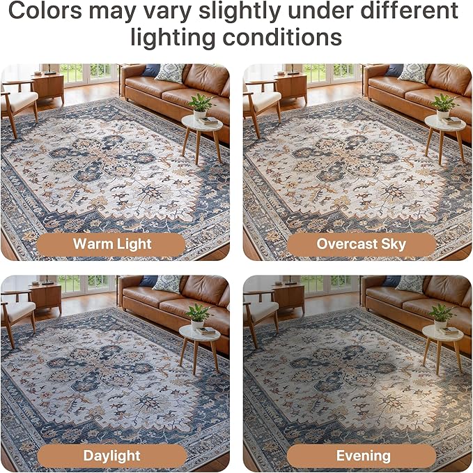 GENIMO 5X7 Area Rugs for Living Room, Machine Washable Vintage Floor Cover Foldable Modern Non Slip Rug, Low Pile Soft Indoor Carpet Floral Print Mat Rug,Bedroom/Dining Room/Home Office,Navy Blue