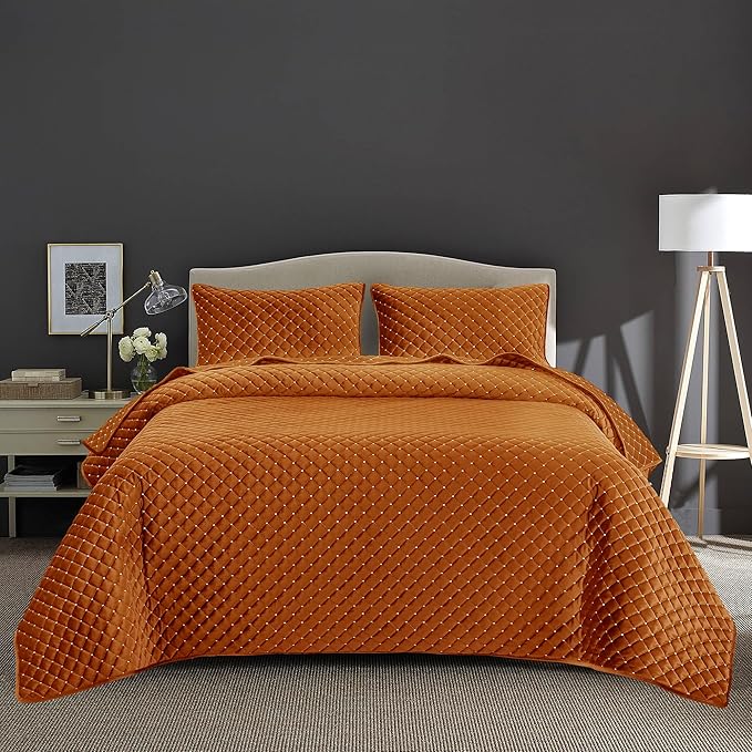 Reversible Velvet Quilt Twin Size, Luxurious Bedspread Quilted Bedding Set, Cozy Soft Coverlet Set Lightweight Comforter with Pillow Shams, Orange