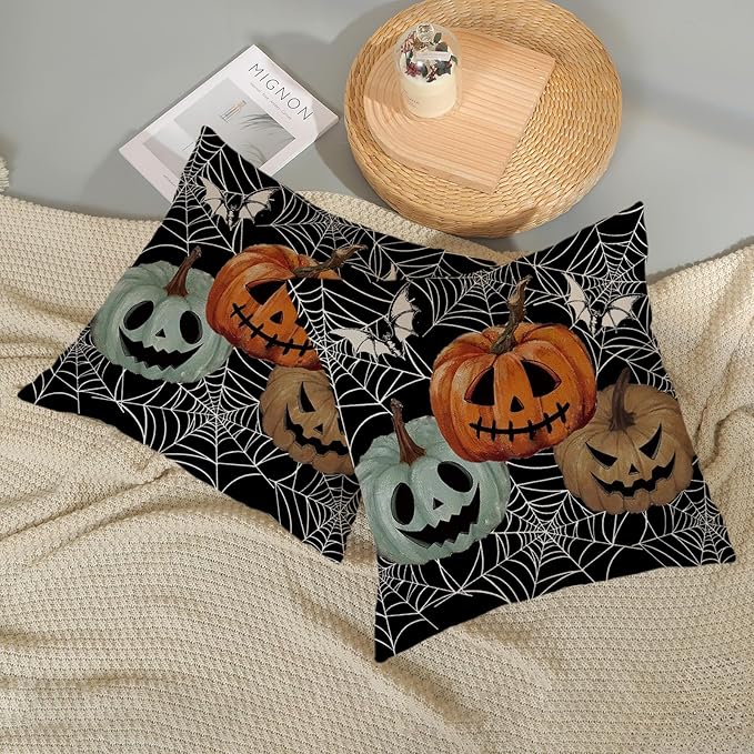 Halloween Decor Pillow Covers 18x18 Set of 2 Spider Web Orange Pumpkin Bat Black Decorative Throw Pillow Covers Outdoor Decoration Autumn Pumpkin Pillowcase Farmhouse Cushion Case for Home Sofa