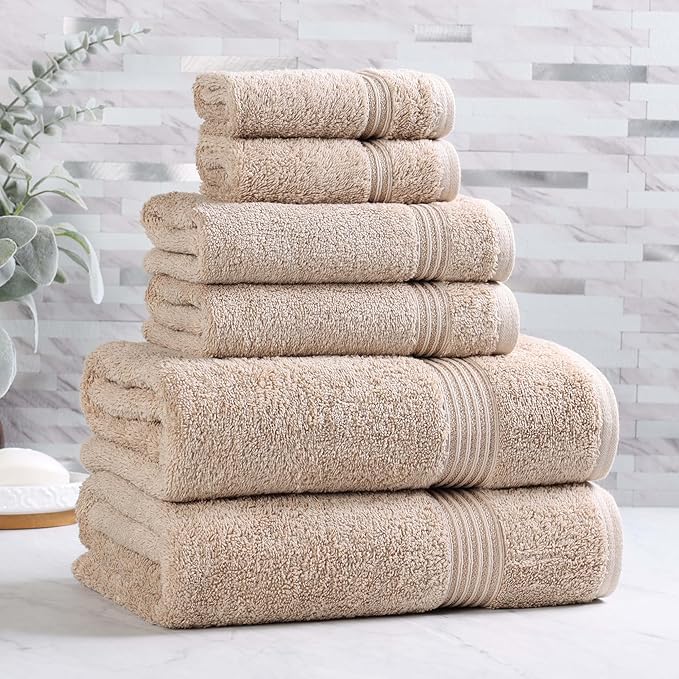Superior Egyptian Cotton 6-Piece Towel Set, Bathroom Essentials, Towels For Bathroom, Apartment, Airbnb, Guest Bath, Face, Hand, Bath Towels, Washcloths, Absorbent, Fast Drying, Taupe