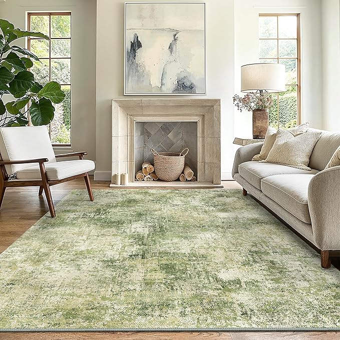 GENIMO Washable Area Rugs for Living Room Bedroom, 8x10 Modern Abstract Non Slip Rug, Low Pile Soft Contemporary Indoor Floor Carpet Cover for Dining Room Kitchen, Green