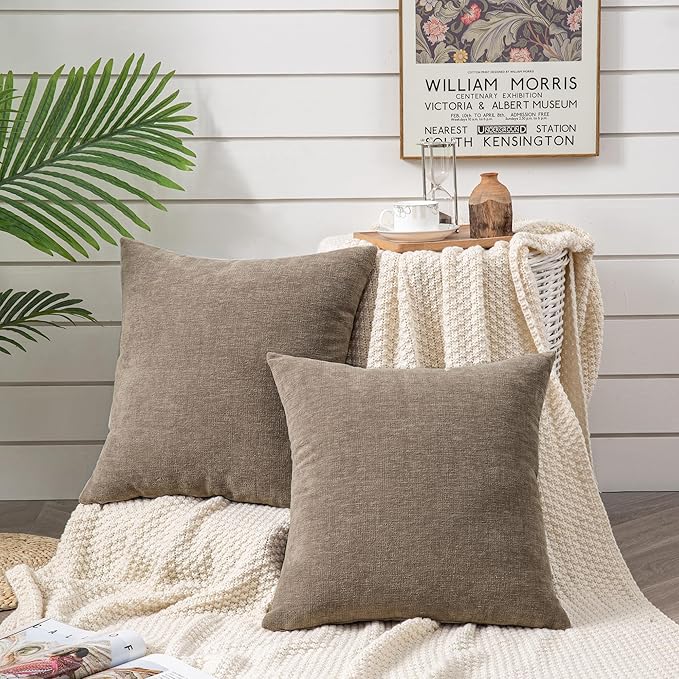 GAWAMAY Decorative Square Throw Pillow Covers 18"x18" Inch Set of 2, Super Soft Chenille Pillows Farmhouse Fall Pillowcase for Living Room Bedroom Sofa Couch Cushion Cover Taupe Grey 45x45cm