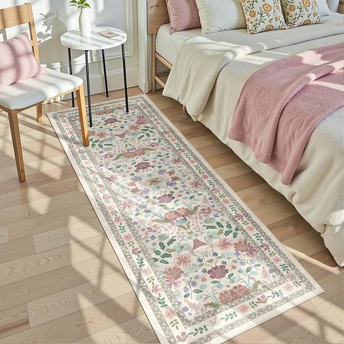 Deerly Floral Runner Rug 2x6 for Kitchen Hallway Bedroom Vintage Boho Washable Bathroom Runner Rugs Non-Slip Soft Low Pile Thin Indoor Carpet for Laundry Room Farmhouse Rug, Beige/Light Pink/Multi