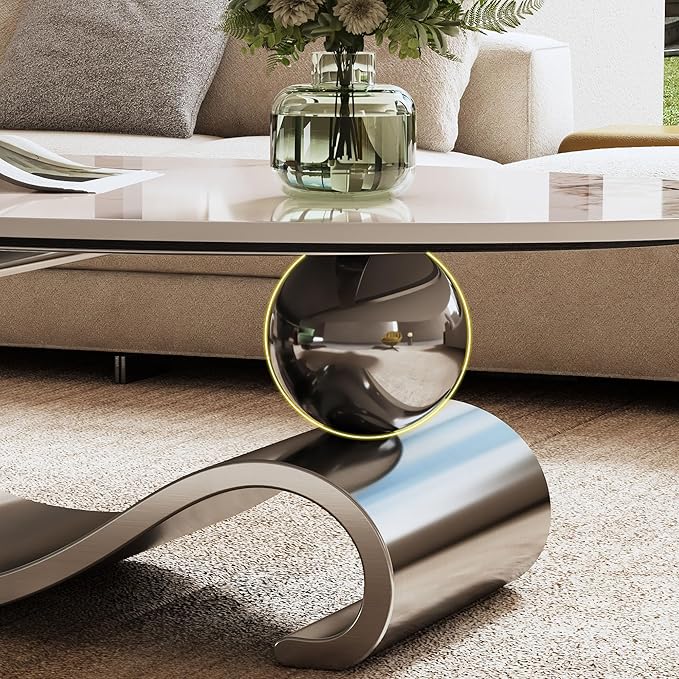 49.2" Oval Marble Coffee Table with Geometric Stainless Steel Base, Modern Sintered Stone Coffee Tables for Living Room, Luxury White Silver Cocktail Center Table Living Room Furniture for Home Decor