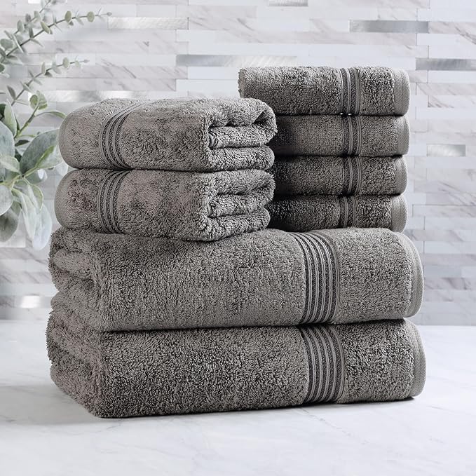 Superior Egyptian Cotton 8-Piece Towel Set, Assorted Towels for Home Bathroom, Master, Guest Bath, Decor Essentials, Includes 2 Bath, 2 Hand, 4 Face Towels/Washcloths, Quick Dry, Absorbent, Charcoal