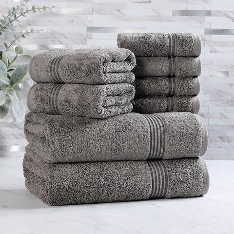 Superior Egyptian Cotton 8-Piece Towel Set, Assorted Towels for Home Bathroom, Master, Guest Bath, Decor Essentials, Includes 2 Bath, 2 Hand, 4 Face Towels/Washcloths, Quick Dry, Absorbent, Charcoal