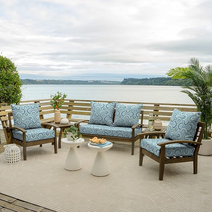 Arden Outdoor Deep Seat Cushion Set, 24 in x 24 in, Weather-Proof, Rain-Proof, Fade Resistant Patio Cushion for Chair, Sofa, and Couch Coastal Blue Geometric