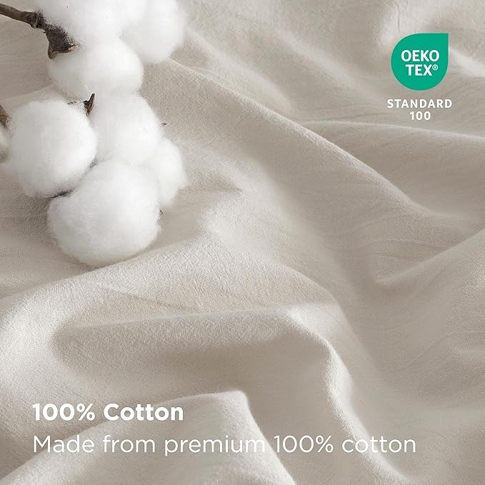 Bedsure 100% Stone Washed Cotton Duvet Cover King Size - Oatmeal Minimalist Cotton Duvet Cover Linen Like for All Seasons - GentleSoft™ Plain Simple Bedding, 3 Pieces (Oatmeal, King, 104"x90")