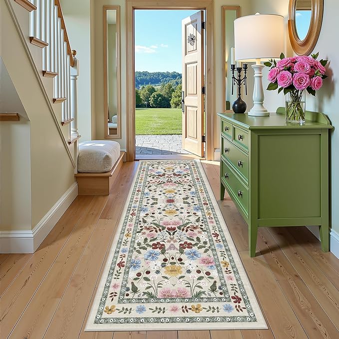 Deerly Floral Runner Rug 3x8 for Hallway Vintage Boho Washable Bathroom Kitchen Bedroom Runner Rugs Non-Slip Soft Low Pile Thin Indoor Carpet for Laundry Room Farmhouse Flower, Beige/Green/Multi