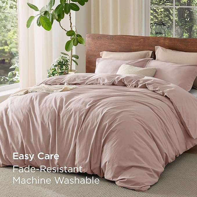 Bedsure 100% Washed Cotton Duvet Cover King Size - Petal Pink Minimalist Cotton Duvet Cover Linen Like for All Seasons - GentleSoft™ Plain Simple Bedding, 3 Pieces (Petal Pink, King, 104"x90")