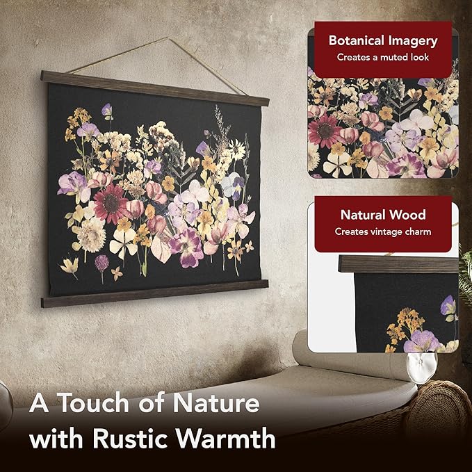 American Art Decor Framed Dried Flowers Tapestry Wall Art - Botanical Print with Blue, Yellow & Pink Blooms
