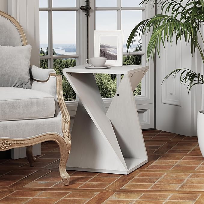 Modern End Table Square Solid Wood Pedestal Side Table Rustic Plant Stand with Twisted Design for Living Room, Bedroom, Office, White