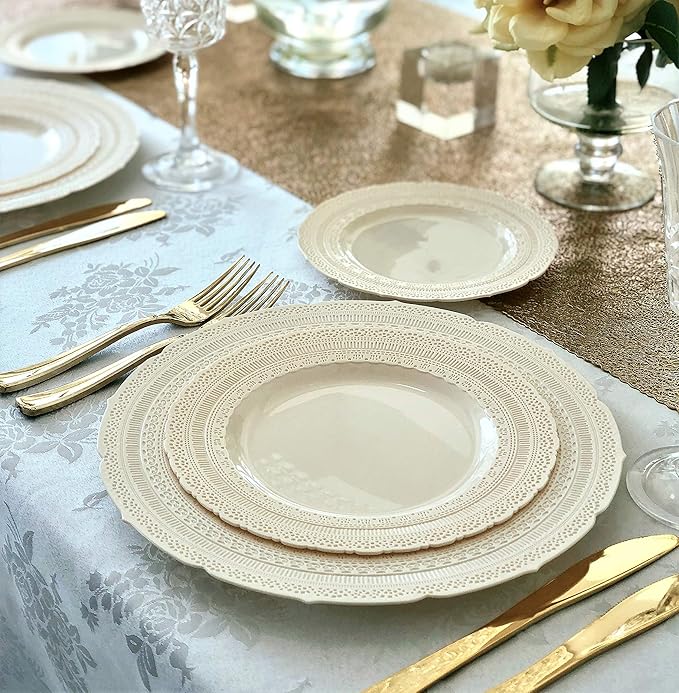 " OCCASIONS " 240 Plates Pack,(120 Guests) Extra Heavyweight Vintage Wedding Disposable/Reusable Plastic Plates 120x 11'' Dinner + 120 x 8.25'' Salad/Dessert Plate (Chateau Ivory)