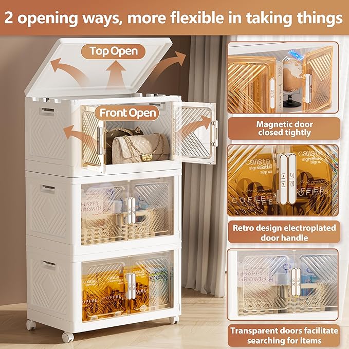 Storage Bins with Lid 76QT, Stackable Storage Containers with Wheels and Magnetic Doors, Plastic Clothes Closet Organizers and Storage Box for Pantry, Home and Office (3 Pack)