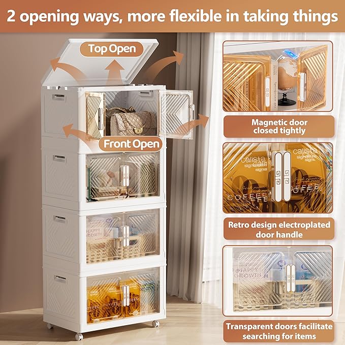 Storage Bins with Lid 76QT, Stackable Storage Containers with Wheels and Magnetic Doors, Plastic Clothes Closet Organizers and Storage Box for Pantry, Home and Office (4 Pack)