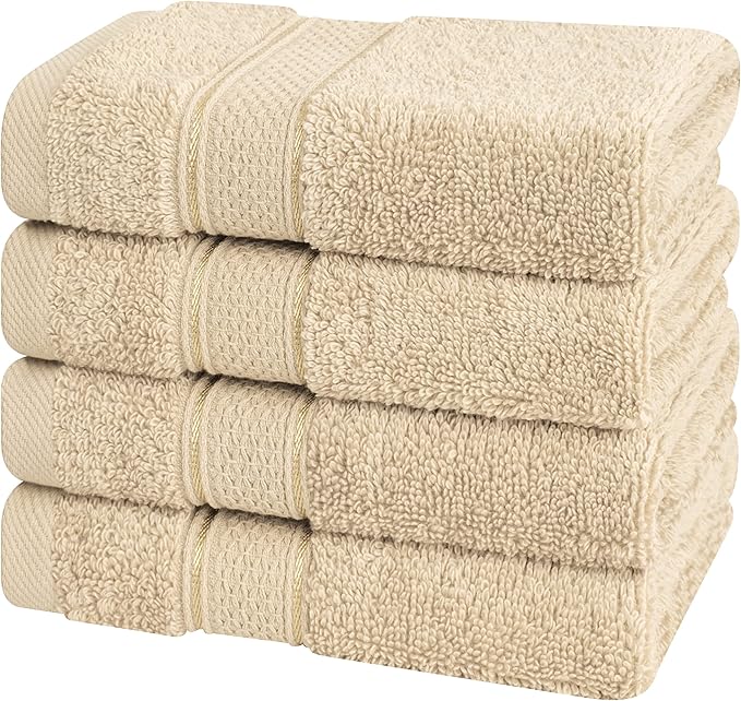 American Soft Linen Salem Washcloth Sets, 4 Piece Luxury 600 GSM 100% Cotton Washcloths for Bathroom, 13x13 inches Washrags Premium Quality Hand Face Towels, Beige