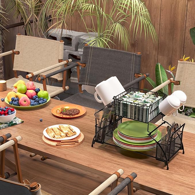 TQVAI 2 Tier Buffet Caddy Silverware Flatware Organizer with Mug Holder for Plates, Utensils, Napkins - Ideal for Kitchen, Dining, Entertaining, Parties, Picnics, Black