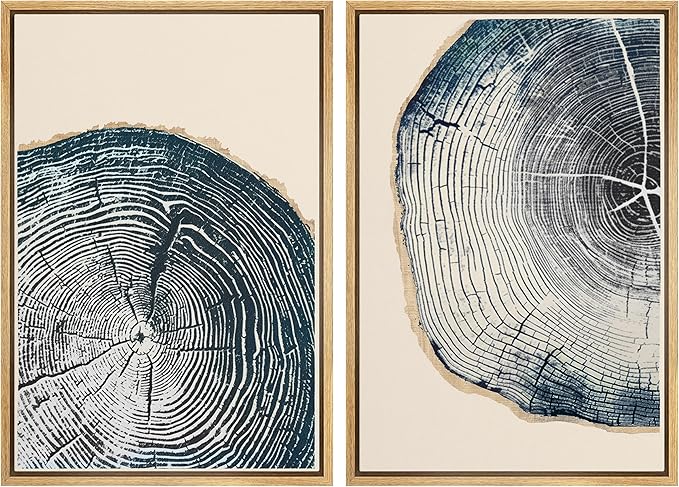 MUDECOR Framed Canvas Print Wall Art Navy Blue Wood Tree Ring Nature Illustration Modern Art Decorative Multicolor Geometric Minimal for Bedroom - 16"x24"x2 Natural