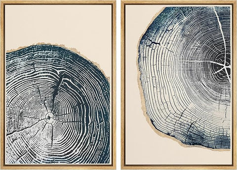 MUDECOR Framed Canvas Print Wall Art Navy Blue Wood Tree Ring Nature Illustration Modern Art Decorative Multicolor Geometric Minimal for Bedroom - 16"x24"x2 Natural