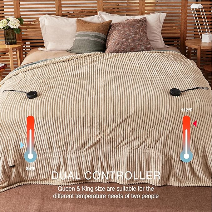 Heated Blanket King Size 100"x90",ETL Certification-6 Heating Levels Electric Blanket&1-10 Hour Auto Off,Heating Blanket with Dual Controller (Beige)