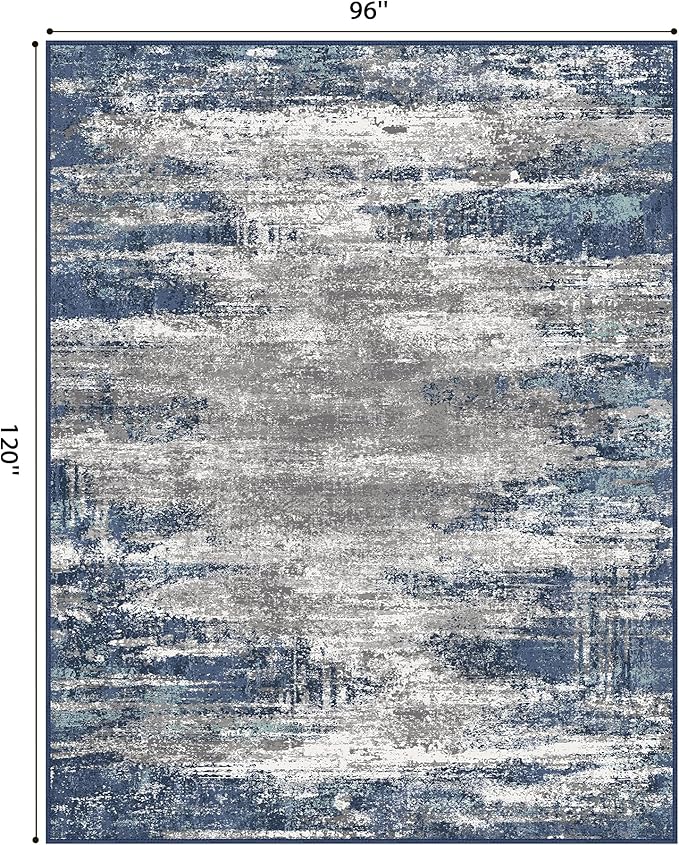 GENIMO 8x10 Area Rugs, Machine Washable Rugs for Living Room Low Pile, Abstract Blue Rug with Non-Slip Rubber Backing, Soft Pet Friendly Carpet for Bedroom, Dining Room, Office, Blue/Ivory