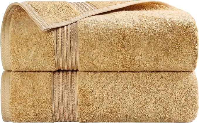 Superior Egyptian Cotton Bath Towel Set, Home Bathroom Towels, Master, Guest Bath, Decor Essentials, Quick Dry, Absorbent, Large Body Towels, Spa, Hotel, Resort, Adult, Kids, Set of 2, Gold