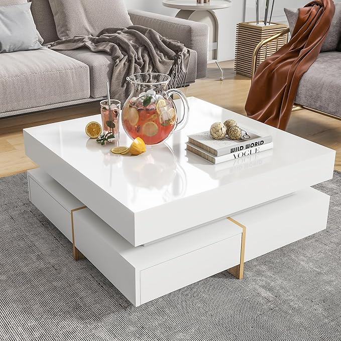 Modern Coffee Table with Storage, Contemporary Square Coffee Table with Drawers, High Gloss Modern Center Table for Living Room, Reception Room, Office, White, 31" D X 31" W X 11" H