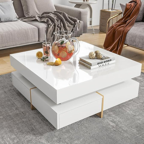 Modern Coffee Table with Storage, Contemporary Square Coffee Table with Drawers, High Gloss Modern Center Table for Living Room, Reception Room, Office, White, 31" D X 31" W X 11" H