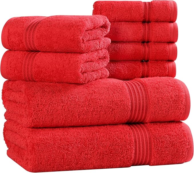Superior Egyptian Cotton 8-Piece Towel Set, Assorted Towels for Home Bathroom, Master, Guest Bath, Decor Essentials, Includes 2 Bath, 2 Hand, 4 Face Towels/Washcloths, Quick Dry, Absorbent, Red