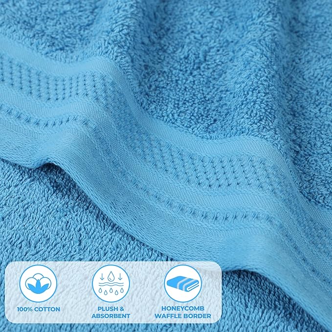 Superior Honeycomb Cotton Medium Weight Towels, for Guest Bath, Master Bathroom, Shower, Quick Dry, Adults, Home Essentials, Textured Waffle Border, Assorted Towel Set, 6 Piece Towel Set, Azure