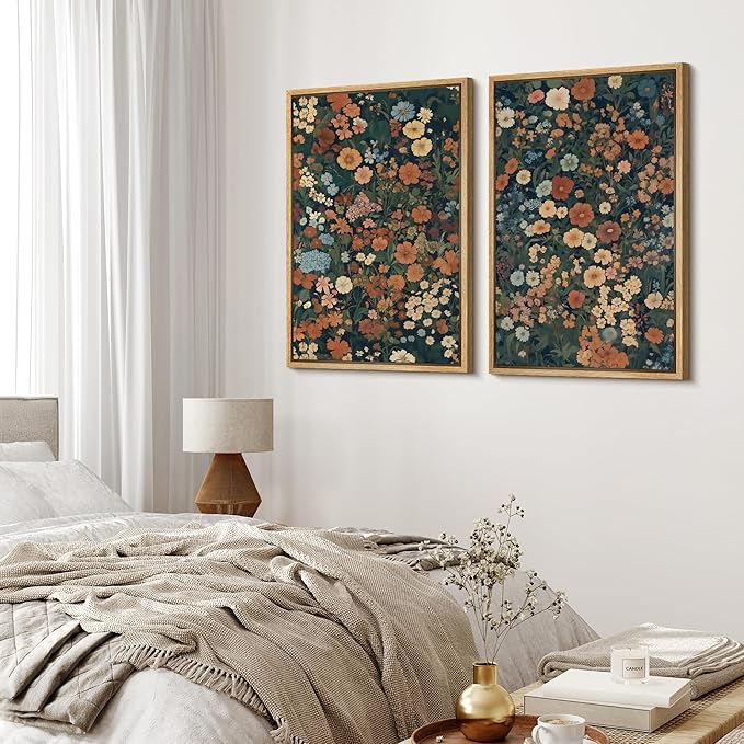 MUDECOR Framed Canvas Print Wall Art Vintage Floral Botanical Colorful Wildflowers Illustrations Modern Art Decorative Bohemian Colorful for Living Room, Bedroom, Office - 16"x24"x2 Natural