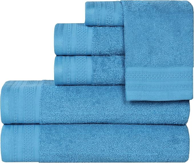 Superior Honeycomb Cotton Medium Weight Towels, for Guest Bath, Master Bathroom, Shower, Quick Dry, Adults, Home Essentials, Textured Waffle Border, Assorted Towel Set, 6 Piece Towel Set, Azure