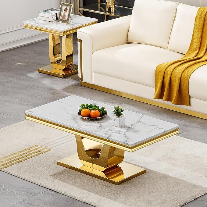 SSLine Rectangular Faux Marble Coffee Table for Living Room Modern Luxury White Marble Center Table with Gold Pedestal Base 46.8" Mid-Century Cocktail Table with Mirrored Stainless Steel Frame