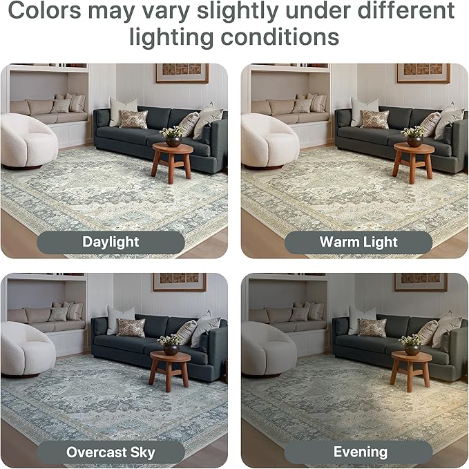 GENIMO 6X9 Area Rugs for Living Room, Machine Washable Vintage Floor Cover Foldable Modern Non Slip Rug, Low Pile Soft Indoor Carpet Floral Print Mat Rug,Bedroom/Dining Room/Home Office,Light Blue