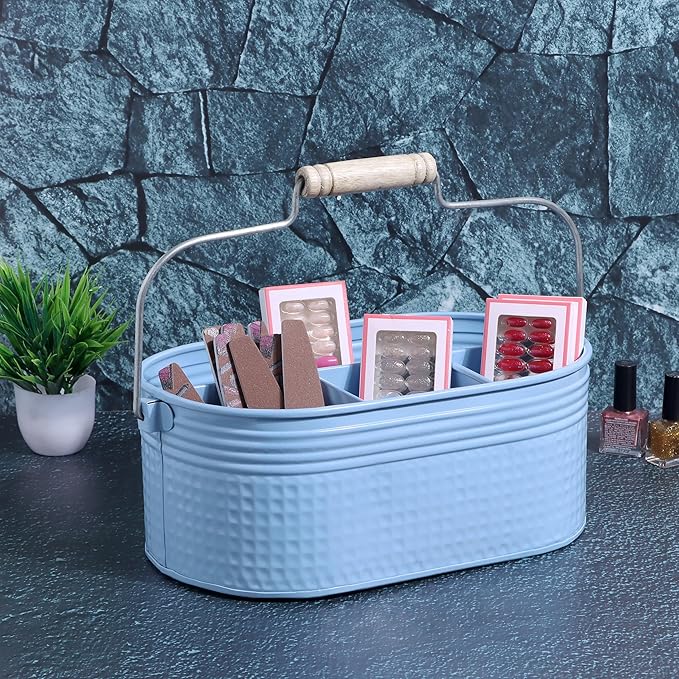 Alpha Living Home Galvanized Utensil Holder with Handle - 4 Compartment Silverware Caddy,Flatware Organizer for Kitchen, Countertop, Dining Table, BBQ, Picnic, Party, Farmhouse, Décor (Blue)