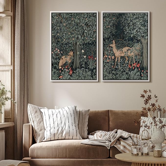 MUDECOR Framed Canvas Print Wall Art Enchanting Forest Wildlife Prints Deer & Fox in Woodland Nature Wilderness Illustrations Realism Decorative for Living Room, Bedroom, Office - 16"x24"x2 White
