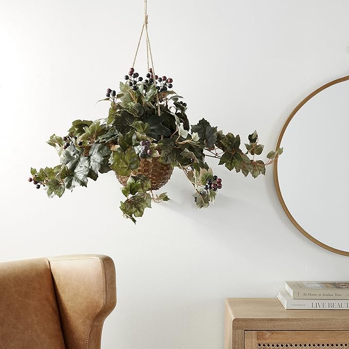 Nearly Natural Grape Leaf Hanging Basket Silk Plant, Green