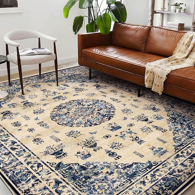 Washable Area Rug 8'x10' Retro Boho Design Non-Shedding Non-Slip Easy Care Ideal for High Traffic Areas in Living Room Bedroom Office Coffee Table Kitchen Large Carpet