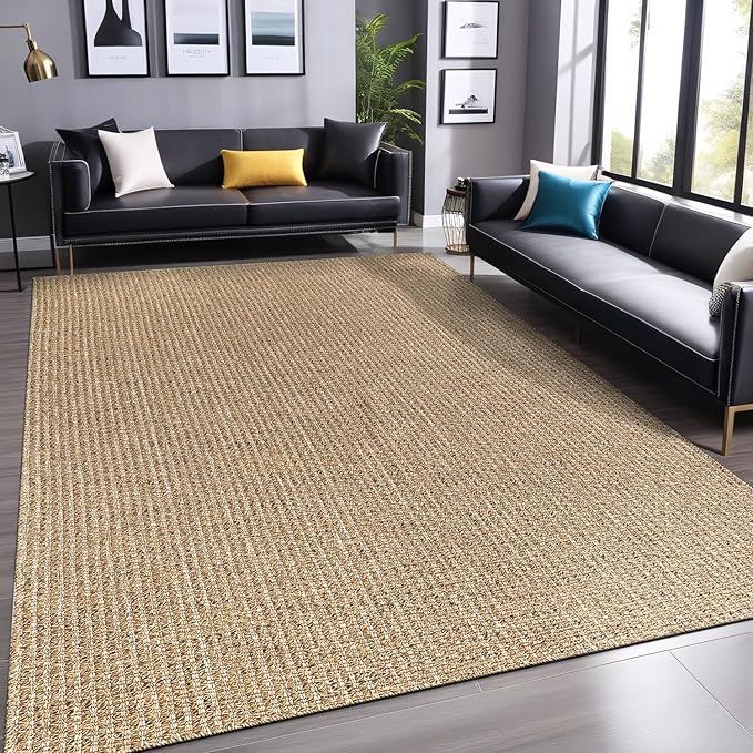 Easy Jute Rugs 9x12 Natural Color Living Room Indoor Outdoor Area Rug for Farmhouse Patio and Kitchen Rug High Traffic Washable Easy to Clean Solid Boho Woven Design Outside Carpet (9 x 12)