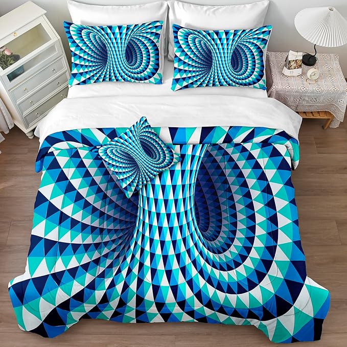Bedorm Triangle Geometric Comforter Set 3D Abstract Bedding Set with Sheet Set Aqua Blue Triangle Tunnel Aesthetic Comforter Modern Psychedelic Bedding Comforter Set Queen