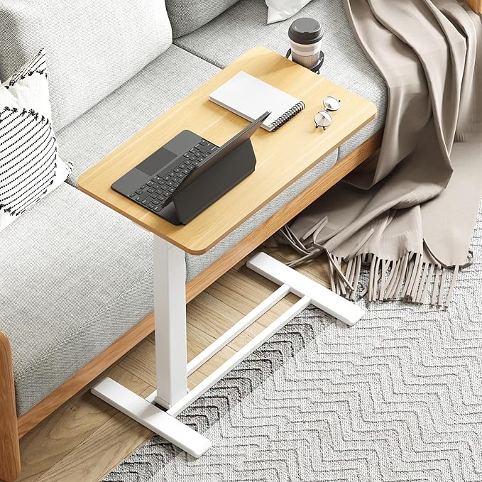 Medical Overbed Adjustable Bedside Table with Hidden Casters, Pneumatic Mobile Rolling Laptop Standing Desk with Tray for Home and Hospital Use, Maple