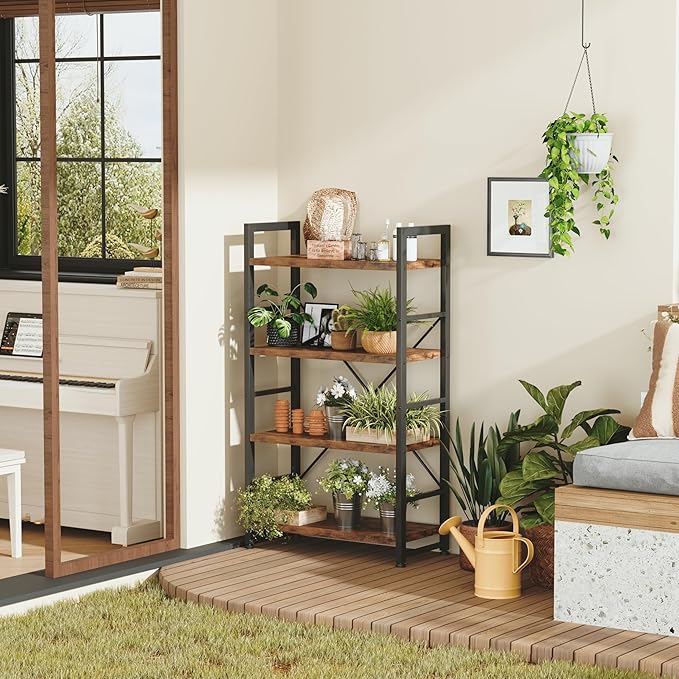 VERMESS 4 Tier Bookshelf, Tall Book Shelf, Vintage Industrial Bookcase with Open Display Shelves, Wood Storage Shelving Unit Metal Frame Standing Bookshelves for Bedroom/Home/Office, Rustic Brown