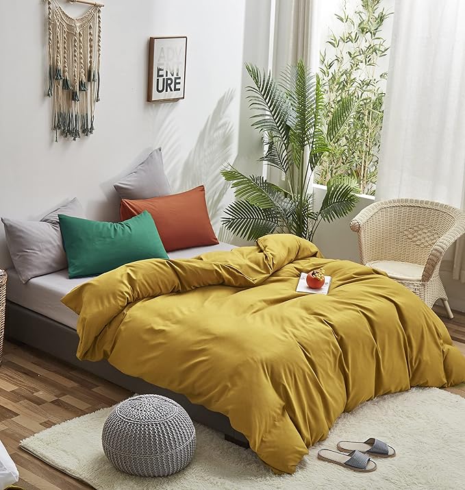 Luxlovery Mustard Yellow Comforter Set Queen Modern Bright Yellow Bedding Comforter Set Full Soft Cozy Breathable Quilts 1 Yellow Comforter+1 Green 1 Caramel Pillowcase for Adults Kids