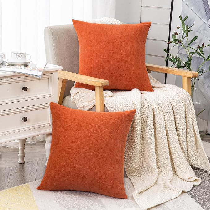 GAWAMAY Decorative Square Throw Pillow Covers 18"x18" Inch Set of 2, Super Soft Chenille Pillows Farmhouse Fall Pillowcase for Living Room Bedroom Sofa Couch Cushion Cover Burnt Orange 45x45cm