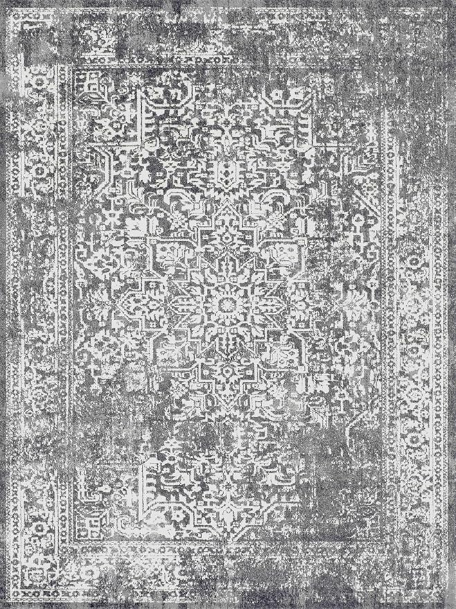 vivorug 5x7 Area Rugs, Stain Resistant Washable Rug for Living Room, Vintage-Inspired Grey Rug