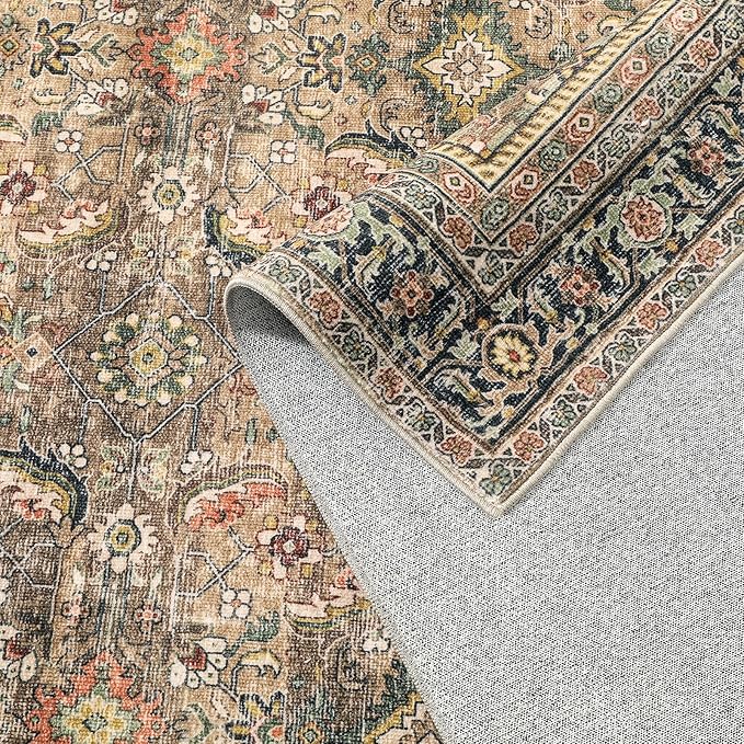 10x14 Washable Area Rug Brown Vintage Distressed Living Room Bedroom Large Throw Rug Non Slip Low Pile Soft Accent Indoor Floor Carpet for Dining Room Office Entryway Kitchen