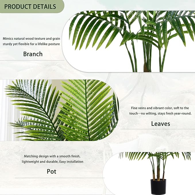 Artificial Palm Tree 5FT Artificia Plants Indoor Fake Tree Tropical Fake Plam Trees Areca Floor Plant in Black Pot with 13 Trunks & Real Bark Design Faux Palm Plant for Outdoor Home Room Decor
