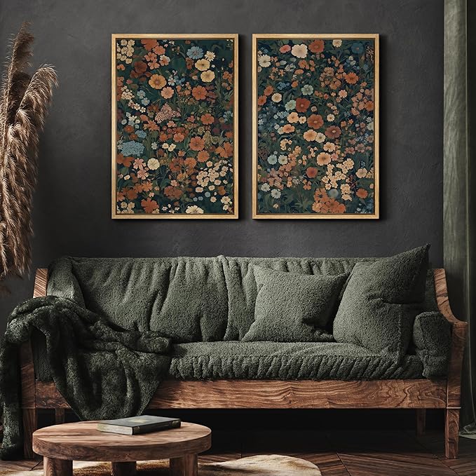MUDECOR Framed Canvas Print Wall Art Vintage Floral Botanical Colorful Wildflowers Illustrations Modern Art Decorative Bohemian Colorful for Living Room, Bedroom, Office - 16"x24"x2 Natural