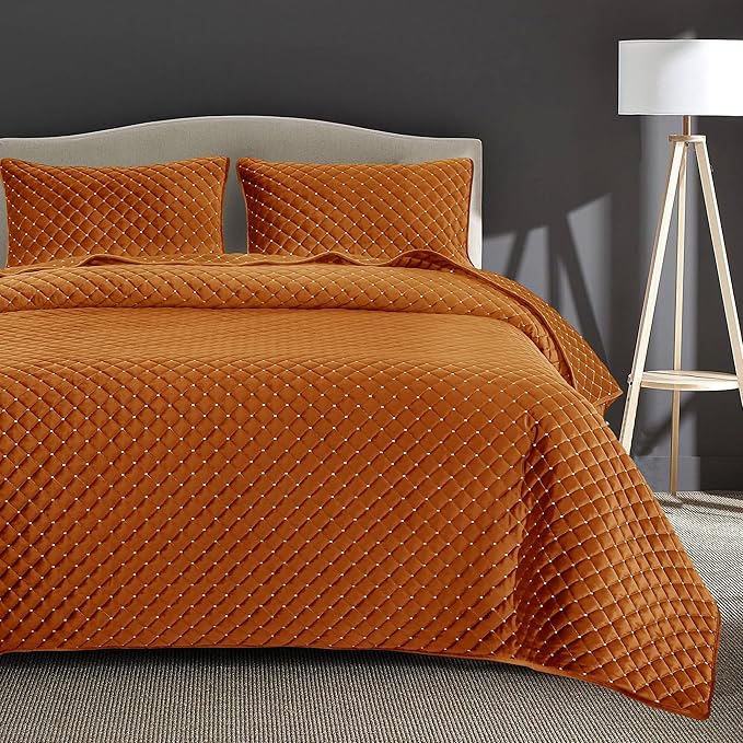 Luxury Velvet Quilt Set Queen Size, Plaid Stitching Queen Quilt Bedding Set, Soft Lightweight Reversible Bedspread and Coverlet with 2 Pillow Shams for All Season, Tangerine, 90" x 96"